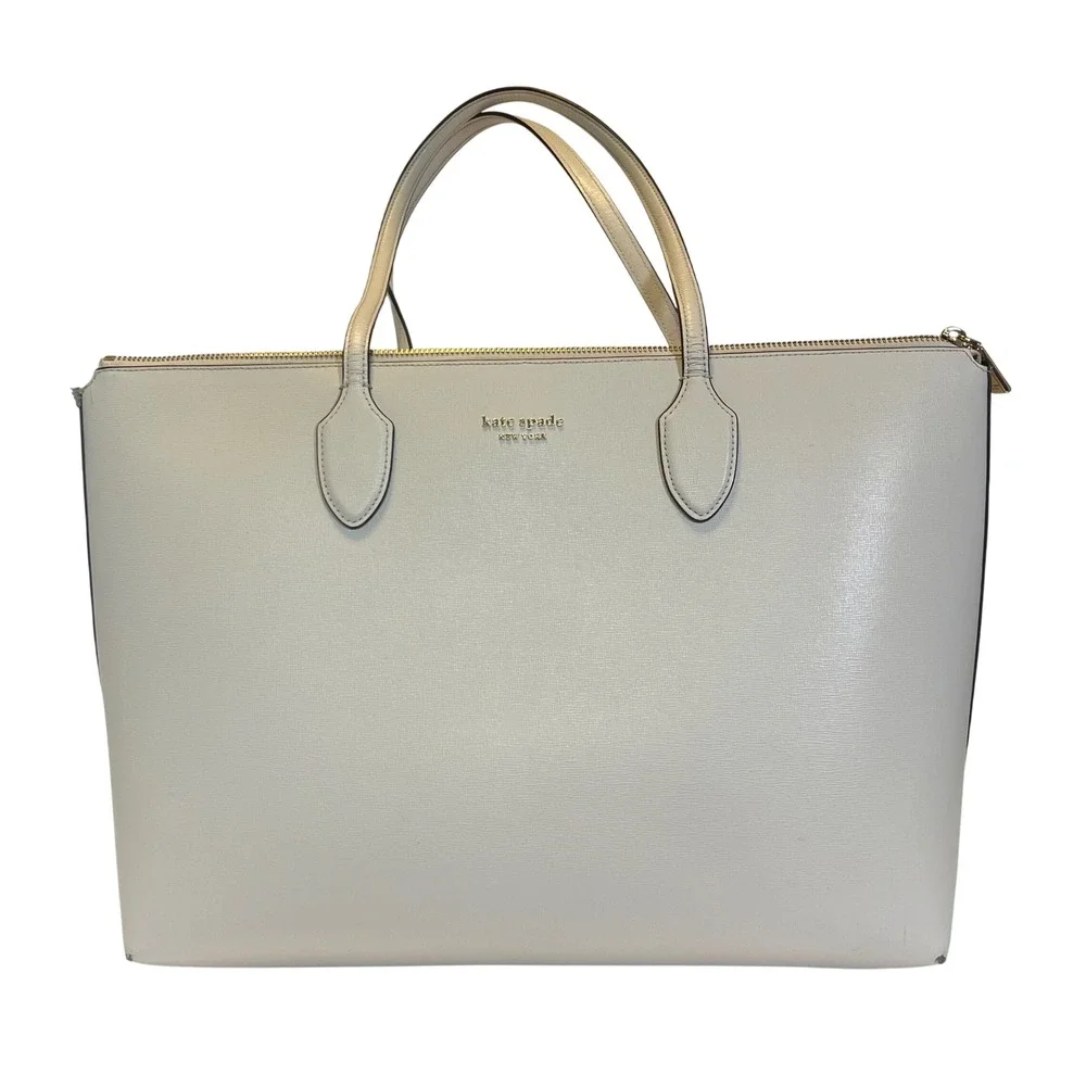 Kate Spade Bleecker Tote Bag Womens Large Parchment White Leather Zip Top